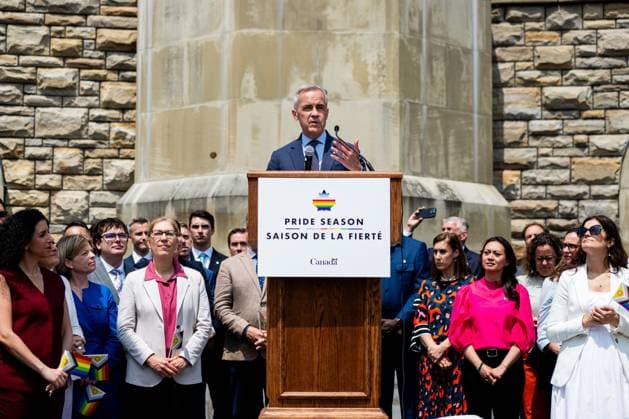 June 10, 2025, Ottawa, On, Canada: Prime Minister Mark Carney delivers remarks during a flag raising ceremony marking Pride Month on Parliament Hill in Ottawa, on Tuesday, June 10, 2025. Ottawa Canada  - ZUMAc35_ 20250610_zaf_c35_056 Copyright: xSpencerxColbyx