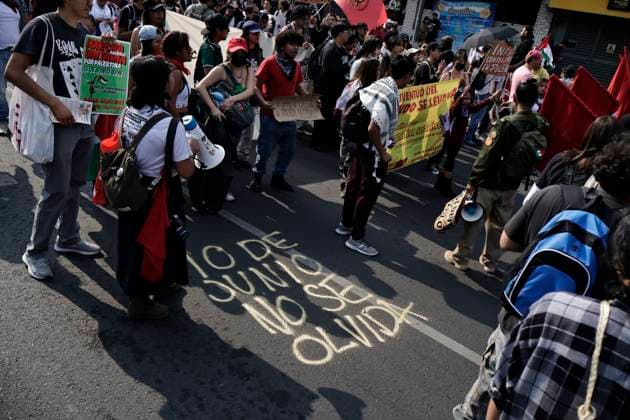 June 10, 2025, Mexico, Cdmx, Mexico: Protesters gather to commemorate the anniversary of the Halconazo or Corpus Christi massacre. This event occurred on June 10, 1971, when, on orders from the Mexican government, police, army, and plainclothes paramilitaries violently suppressed a student demonstration against the president of the time, Luis EcheverroÂa. Mexico Mexico - ZUMAp204 20250610_zip_p204_009 Copyright: xJosuexPerezx