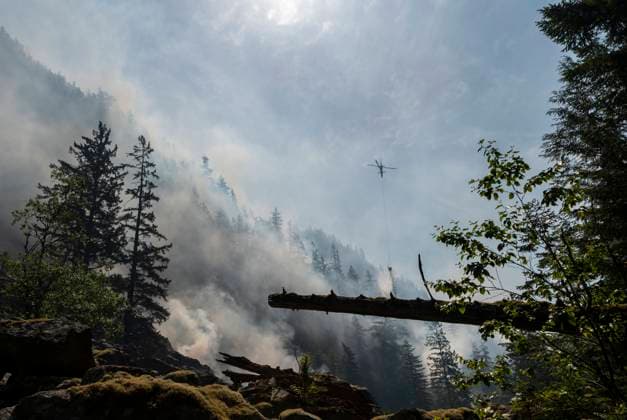 News Bilder des Tages June 11, 2025, Squamish, B.C, CANADA: A helicopter drops water on the Dryden Creek Wildfire, just north of Squamish, B.C., on Wednesday, June 11, 2025. Squamish CANADA  - ZUMAc35_ 20250611_zaf_c35_053 Copyright: xTijanaxMartinx