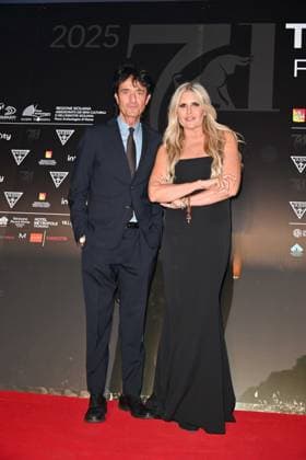 Taormina, 71st Taormina Film Festival 2025 - Day 2, Red Carpet. In the photo: Tiziana Rocca , Giulio base  Copyright: xManuelexMangiarottix xipa-agency.netx xMangiarottix xD avanzox IPA_Agency_IPA58941394