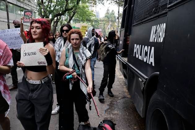 June 11, 2025, Mexico, Cdmx, Mexico: Pro-Palestinian activists marched in Mexico City to demand free passage of humanitarian aid to Gaza and the release of the crew of the ship MADLEEN, which was intercepted by the Israeli army in recent days. They went to the embassies of Spain, Germany, and France to demand support, request strong sanctions, and sever relations with the State of Israel and its governor, BENJAMIN NETANYAHU. These embassies are located in the Polanco area, famous for being the most expensive area in the country and for the fact that the majority of its inhabitants are Jewish. Mexico Mexico - ZUMAp204 20250611_zip_p204_044 Copyright: xJosuexPerezx