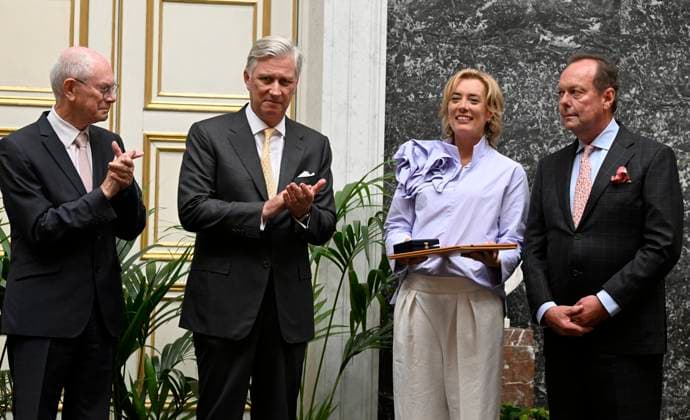 Presentation Of The 2025 Francqui Prize BRUSSELS, BELGIUM - JUNE 12 : King Philippe, , Count Herman Van Rompuy (President of the Francqui Foundation) and Count Frédéric Francqui (Member of the Board) present the Francqui 2025 Prize in Human Sciences to Professor Ine Van Hoyweghen of the Katholieke Universiteit Leuven, at the Palais des Académies in Brussels. Professor Ine Van Hoyweghen receives this prize for her interdisciplinary work on the social and ethical dimensions of biomedical sciences and technological innovation..on June 12, 2025 in Brussels, Belgium, 12 06 2025 Brussels Belgium  Copyright: xBertxVanxDenxBrouckex