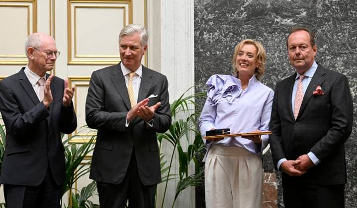 Presentation Of The 2025 Francqui Prize BRUSSELS, BELGIUM - JUNE 12 : King Philippe, , Count Herman Van Rompuy (President of the Francqui Foundation) and Count Frédéric Francqui (Member of the Board) present the Francqui 2025 Prize in Human Sciences to Professor Ine Van Hoyweghen of the Katholieke Universiteit Leuven, at the Palais des Académies in Brussels. Professor Ine Van Hoyweghen receives this prize for her interdisciplinary work on the social and ethical dimensions of biomedical sciences and technological innovation..on June 12, 2025 in Brussels, Belgium, 12 06 2025 Brussels Belgium  Copyright: xBertxVanxDenxBrouckex