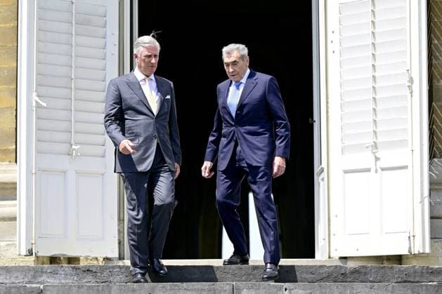 King Philippe - Filip of Belgium and Former Belgian cyclist Eddy Merckx pictured during a royal meeting on the occasion of the 80th anniversary of Belgian cycling legend Eddy Merckx, Thursday 12 June 2025, at the Royal Castle in Laken Laeken, in Brussels.  DIRKxWAEM 126769666