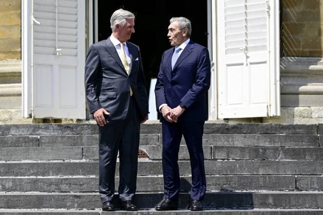 King Philippe - Filip of Belgium and Former Belgian cyclist Eddy Merckx pictured during a royal meeting on the occasion of the 80th anniversary of Belgian cycling legend Eddy Merckx, Thursday 12 June 2025, at the Royal Castle in Laken Laeken, in Brussels.  DIRKxWAEM 126769686