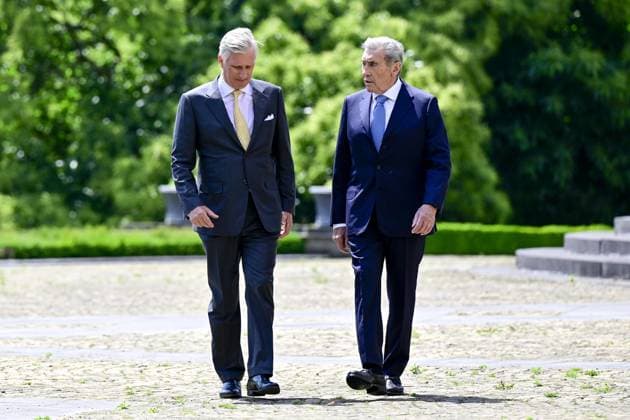 King Philippe - Filip of Belgium and Former Belgian cyclist Eddy Merckx pictured during a royal meeting on the occasion of the 80th anniversary of Belgian cycling legend Eddy Merckx, Thursday 12 June 2025, at the Royal Castle in Laken Laeken, in Brussels.  DIRKxWAEM 126769867