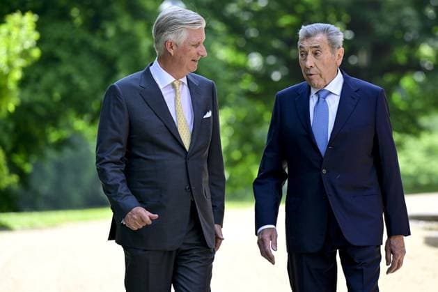 King Philippe - Filip of Belgium and Former Belgian cyclist Eddy Merckx pictured during a royal meeting on the occasion of the 80th anniversary of Belgian cycling legend Eddy Merckx, Thursday 12 June 2025, at the Royal Castle in Laken Laeken, in Brussels.  DIRKxWAEM 126770205