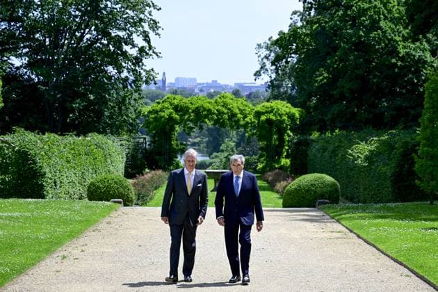 King Philippe - Filip of Belgium and Former Belgian cyclist Eddy Merckx pictured during a royal meeting on the occasion of the 80th anniversary of Belgian cycling legend Eddy Merckx, Thursday 12 June 2025, at the Royal Castle in Laken Laeken, in Brussels.  DIRKxWAEM 126770578