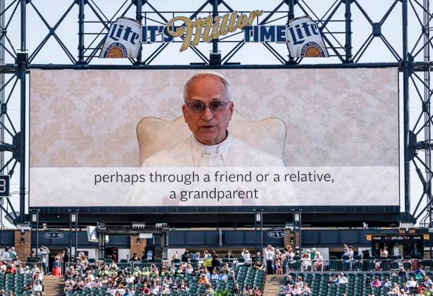 Chicago native Pope Leo XIV appears via video during a hometown celebration and Mass at Rate Field in Chicago, Illinois, on Saturday, June 14, 2025. Pope Leo XIV was born and raised in Chicago as Robert Francis Prevost and was elected as the first Pope from the United States. The celebration coincides with a massive military display in Washington, DC on President Donald Trump s 79th birthday.  CHI20250614823 TANNENxMAURY