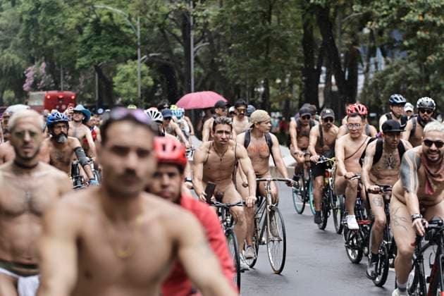 June 14, 2025, Mexico, Cdmx, Mexico: A group of cycling enthusiasts went out for a Nude Ride despite the rain in the city. They rode along Paseo de la Reforma Avenue, showing off their naked, rain-soaked bodies to passersby and tourists. Mexico Mexico - ZUMAp204 20250614_zip_p204_079 Copyright: xJosuexPerezx