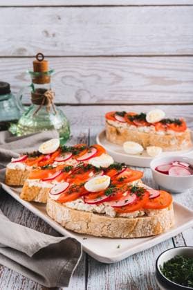 Appetitliche Bruschetta mit Ricotta, Tomate, Rettich und Wachtelei auf einem Teller Vertikalansicht Appetitliche Bruschetta mit Ricotta, Tomate, Rettich und Wachtelei auf einem Teller Vertikalansicht (License=RF) Copyright: xZoonar.com ElenaxRuix 23528661