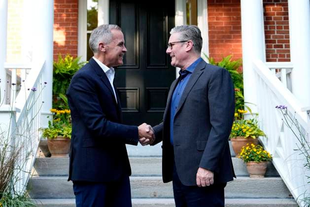 June 14, 2025, Ottawa, On, CANADA: Prime Minister Mark Carney greets Prime Minister of the United Kingdom Kier Starmer, outside his residence at Rideau Cottage in Ottawa, for a visit before the G7 Summit in Kananaskis, Alta., on Saturday, June 14, 2025. Ottawa CANADA - ZUMAc35_ 20250614_zaf_c35_197 Copyright: xJustinxTangx