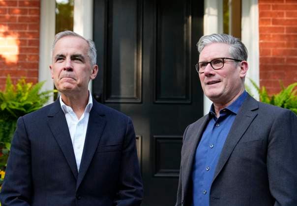 June 14, 2025, Ottawa, On, CANADA: Prime Minister Mark Carney greets Prime Minister of the United Kingdom Kier Starmer, outside his residence at Rideau Cottage in Ottawa, for a visit before the G7 Summit in Kananaskis, Alta., on Saturday, June 14, 2025. Ottawa CANADA - ZUMAc35_ 20250614_zaf_c35_203 Copyright: xJustinxTangx