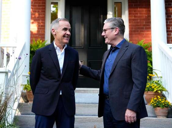 June 14, 2025, Ottawa, On, CANADA: Prime Minister Mark Carney greets Prime Minister of the United Kingdom Keir Starmer, outside his residence at Rideau Cottage in Ottawa, for a visit before the G7 Summit in Kananaskis, Alta., on Saturday, June 14, 2025. Ottawa CANADA - ZUMAc35_ 20250614_zaf_c35_213 Copyright: xJustinxTangx