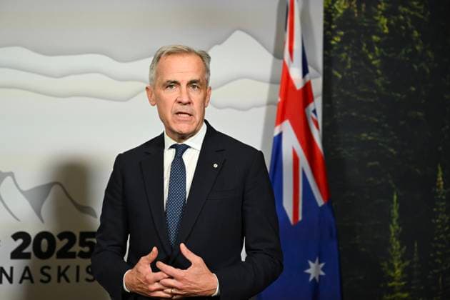 G7 SUMMIT CANADA, Prime Minister of Canada Mark Carney speaks during a bilateral meeting with Australian Prime Minister Anthony Albanese ahead of the G7 Leaders Summit in Kananaskis, Alberta, Canada, Sunday, June 15, 2025. ( NO ARCHIVING Kananaskis ALBERTA CANADA  Copyright: xLUKASxCOCHx 20250616196364113537