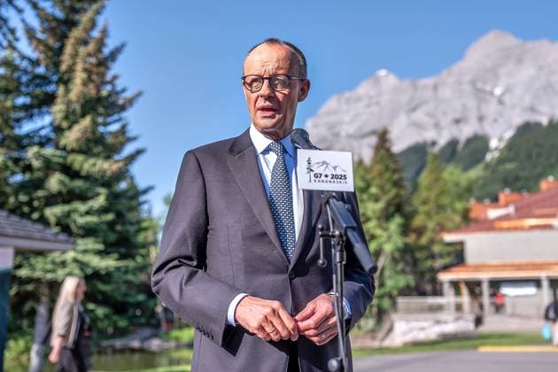 Kananaskis, Alberta, Canada, 16 06 2025 Mountain Lodge G7 Summit 2025 Federal Chancellor Friedrich Merz CDU makes a statement Photo Michael Kappeler Pool Copyright: xMichaelxKappeler Pool dtsxNachrichtenagenturx dts_71104