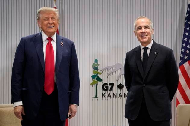 June 16, 2025, Kananaskis, Ab, Canada: Prime Minister Mark Carney, right, meets with United States President Donald Trump at the G7 Summit in Kananaskis, Alta., on Monday, June 16, 2025. Kananaskis Canada - ZUMAc35_ 20250616_zaf_c35_007 Copyright: xAdrianxWyldx
