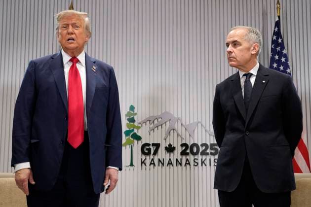 June 16, 2025, Kananaskis, Ab, Canada: Prime Minister Mark Carney, right, meets with United States President Donald Trump at the G7 Summit in Kananaskis, Alta., on Monday, June 16, 2025. Kananaskis Canada - ZUMAc35_ 20250616_zaf_c35_016 Copyright: xAdrianxWyldx