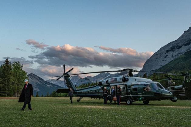 President Donald Trump arrives in Kananaskis, Alberta, Canada, on Monday, June 16, 2025, for the G7 Summit, which is being held from June 15 to 17. Photo via G7  WAX2025061612 G7