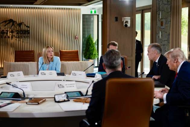 June 16, 2025, Kananaskis: Italy s Prime Minister Giorgia Meloni and US President Donald Trump attend a working session at the Group of Seven (G7) Summit at the Pomeroy Kananaskis Mountain Lodge, in Kananaskis, Alberta, Canada, 16 June 2025. .ANSA CHIGI PALACE PRESS OFFICE FILIPPO ATTILI. NPK Kananaskis  - ZUMAa110 20250616_zaf_a110_061 Copyright: xChigixPalacexPressxOffice Filippx