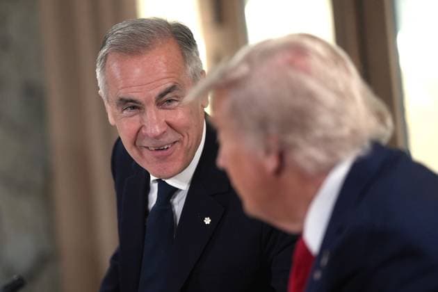 June 16, 2025, Kananaskis, Ab, CANADA: Prime Minister Mark Carney laughs as reporters ask United States President Donald Trump questions during the G7 Summit in Kananaskis, Alta., on Monday, June 16, 2025. Kananaskis CANADA  - ZUMAc35_ 20250616_zaf_c35_038 Copyright: xDarrylxDyckx