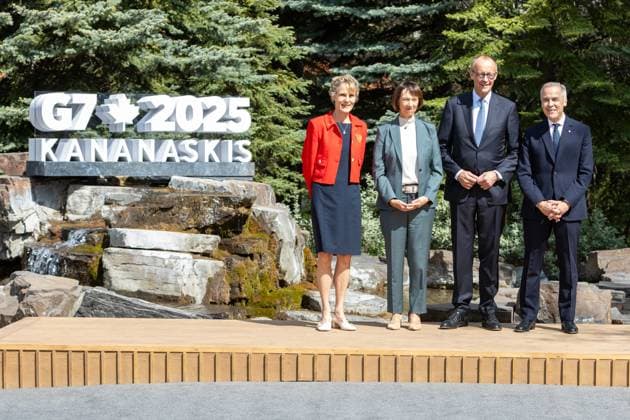 World leaders assemble in Canada for G7 Summit with tensions high on agenda ALBERTA, CANADA - JUNE 16: (----EDITORIAL USE ONLY - MANDATORY CREDIT - GOVERNMENT OF CANADA POOL - NO MARKETING NO ADVERTISING CAMPAIGNS - DISTRIBUTED AS A SERVICE TO CLIENTS----) Canadian Prime Minister Mark Carney welcomes German Chancellor Friedrich Merz during an arrival ceremony at the Group of Seven (G7) Summit at the Pomeroy Kananaskis Mountain Lodge in Kananaskis, Alberta, Canada on June 16, 2025. Government of Canada Anadolu Alberta Canada. Editorial use only. Please get in touch for any other usage.  Copyright: x2025xAnadoluxGovernmentxofxCanadax