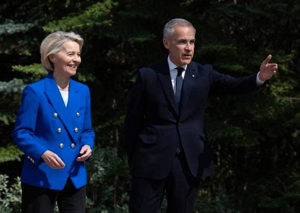 June 16, 2025, Kananaskis, Ab, Canada: Prime Minister Mark Carney gestures as he speaks with European Commission President Ursula von der Leyen during the official welcome ceremony at the G7 Summit in Kananaskis, Alta., on Monday, June 16, 2025. Kananaskis Canada  - ZUMAc35_ 20250616_zaf_c35_143 Copyright: xAdrianxWyldx
