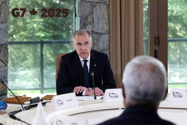 Canadian Prime Minister Mark Carney speak during a working sesssion during the Group of Seven (G7) Summit at the Pomeroy Kananaskis Mountain Lodge in Kananaskis, Alberta, Canada on Monday on June 16, 2025.  CAN2025061603 AlexandrosxMICHAILIDISx(EU)