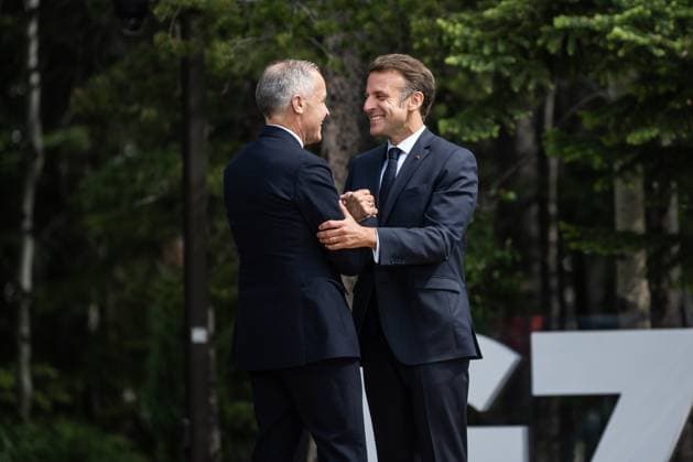 Canadian Prime Minister Mark Carney officially welcomes French President Emmanuel Macron to the G7 Summit in Kananaskis, Alberta, Canada, on Monday, June 16, 2025. Photo via G7  WAX2025061615 G7