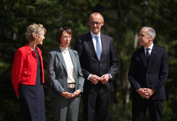 June 16, 2025, Kananaskis, Ab, CANADA: Canadian Prime Minister Mark Carney, right, and his wife Diana Fox Carney, left, welcome German Chancellor Friedrich Merz, third left, and his wife Charlotte Merz to the G7 Summit in Kananaskis, Alta., on Monday, June 16, 2025. Kananaskis CANADA - ZUMAc35_ 20250616_zaf_c35_167 Copyright: xDarrylxDyckx