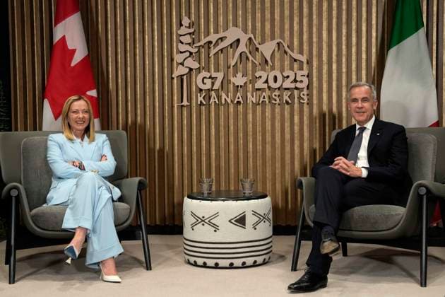 June 16, 2025, Kananaskis, Ab, Canada: Prime Minister Mark Carney meets with Italian Prime Minister Giorgia Meloni at the G7 Summit in Kananaskis, Alta., Monday, June 16, 2025. Kananaskis Canada  - ZUMAc35_ 20250616_zaf_c35_196 Copyright: xAdrianxWyldx