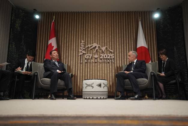 June 16, 2025, Kananaskis, Ab, CANADA: Japanese Prime Minister Shigeru Ishiba, left, speaks before a meeting with Canadian Prime Minister Mark Carney at the G7 Summit in Kananaskis, Alta., on Monday, June 16, 2025. Kananaskis CANADA - ZUMAc35_ 20250616_zaf_c35_208 Copyright: xDarrylxDyckx