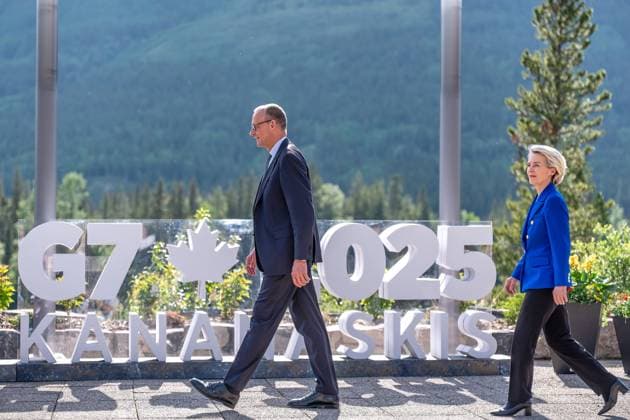 Kananaskis, Alberta, Canada, 16 06 2025 Mountain Lodge G7 Summit 2025 Federal Chancellor Friedrich Merz CDU and EU Commission President Ursula von der Leyen Photo Michael Kappeler Pool Copyright: xMichaelxKappeler Pool dtsxNachrichtenagenturx dts_71150