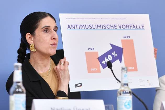 Bilder des Jahres 2025, News 06 Juni News Themen der Woche KW25 News Bilder des Tages Berlin, Deutschland, 17.06.2025: Haus der Bundespressekonferenz: Pressekonferenz: CLAIM - Lagebild antimuslimischer Rassismus 2024: Rima Hanano hält eine Grafik hoch *** Berlin, Germany, 17 06 2025 Haus der Bundespressekonferenz Press conference CLAIM Situation picture anti-Muslim racism 2024 Rima Hanano holds up a graphic Copyright: xdtsxNachrichtenagenturx dts_71194