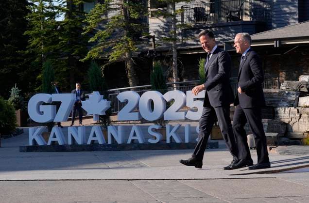 June 17, 2025, Kananaskis, Ab, Canada: Prime Minister Mark Carney walks with North Atlantic Treaty Organization Secretary General Mark Rutte at the G7 Summit in Kananaskis, Alta., on Tuesday, June 17, 2025. Kananaskis Canada  - ZUMAc35_ 20250617_zaf_c35_002 Copyright: xAdrianxWyldx