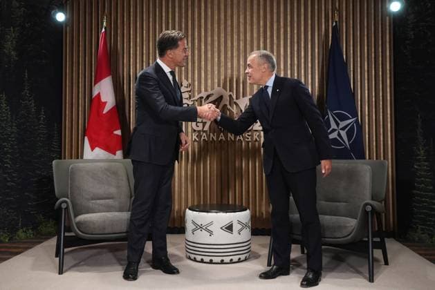 June 17, 2025, Kananaskis, Ab, CANADA: Canadian Prime Minister Mark Carney, right, and NATO secretary-general Mark Rutte attend a meeting at the G7 Summit in Kananaskis, B.C., on Tuesday, June 17, 2025. Kananaskis CANADA - ZUMAc35_ 20250617_zaf_c35_041 Copyright: xDarrylxDyckx