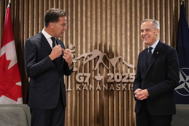 June 17, 2025, Kananaskis, Ab, CANADA: Canadian Prime Minister Mark Carney, right, and NATO secretary-general Mark Rutte attend a meeting at the G7 Summit in Kananaskis, B.C., on Tuesday, June 17, 2025. Kananaskis CANADA - ZUMAc35_ 20250617_zaf_c35_047 Copyright: xDarrylxDyckx