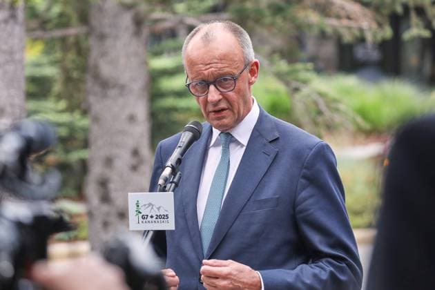 Kananaskis, Alberta, Canada, 17 06 2025 Mountain Lodge G7 Summit 2025 German Chancellor Friedrich Merz CDU gives a statement to journalists at the end of the meeting in which he describes the summit as a complete success Copyright: xdtsxNachrichtenagenturx dts_71223
