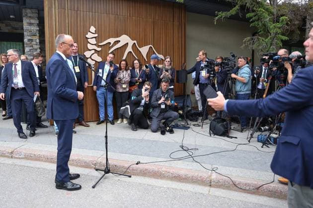 Kananaskis, Alberta, Canada, 17 06 2025 Mountain Lodge G7 Summit 2025 German Chancellor Friedrich Merz CDU gives a statement to journalists at the end of the meeting in which he describes the summit as a complete success Copyright: xdtsxNachrichtenagenturx dts_71233