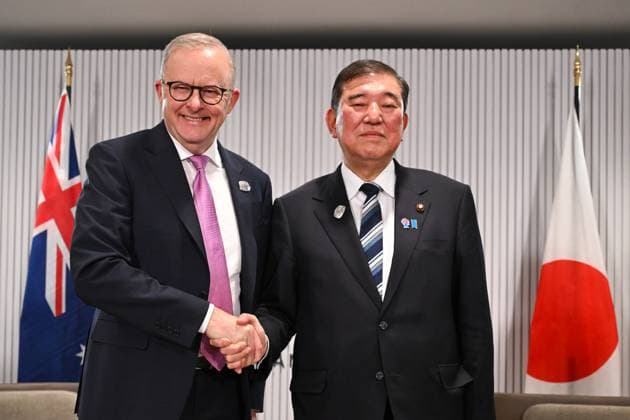 G7 SUMMIT CANADA, Australian Prime Minister Anthony Albanese shakes hands with Prime Minister of Japan Shigeru Ishiba during a bilateral meeting at the G7 Leaders Summit in Kananaskis, Alberta, Canada, Tuesday, June 17, 2025. ( NO ARCHIVING Kananaskis ALBERTA CANADA  Copyright: xLUKASxCOCHx 20250618157392762577