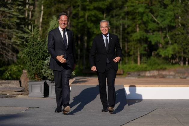 June 17, 2025, Kananaskis, Ab, CANADA: Canadian Prime Minister Mark Carney welcomes NATO secretary-general Mark Rutte to the G7 Summit in Kananaskis, Alta., on Tuesday, June 17, 2025. Kananaskis CANADA  - ZUMAc35_ 20250617_zaf_c35_067 Copyright: xDarrylxDyckx