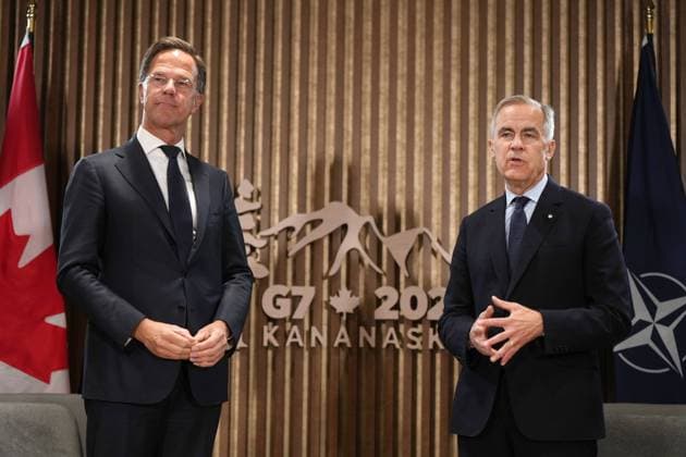 June 17, 2025, Kananaskis, Ab, CANADA: Canadian Prime Minister Mark Carney, right, and NATO secretary-general Mark Rutte attend a meeting at the G7 Summit in Kananaskis, Alta., on Tuesday, June 17, 2025. Kananaskis CANADA - ZUMAc35_ 20250617_zaf_c35_072 Copyright: xDarrylxDyckx