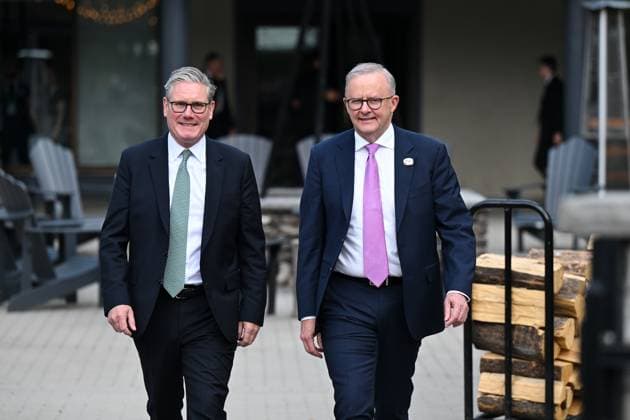 G7 SUMMIT CANADA, Australian Prime Minister Anthony Albanese and Prime Minister of the United Kingdom Keir Starmer arrive for a bilateral meeting at the G7 Leaders Summit in Kananaskis, Alberta, Canada, Tuesday, June 17, 2025. ( NO ARCHIVING Kananaskis ALBERTA CANADA  Copyright: xLUKASxCOCHx 20250618143364915815