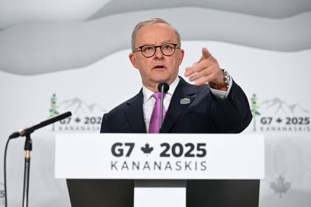 G7 SUMMIT CANADA, Australian Prime Minister Anthony Albanese speaks to the media during a press conference after attending the G7 Leaders Summit in Kananaskis, Alberta, Canada, Tuesday, June 17, 2025. ( NO ARCHIVING Kananaskis ALBERTA CANADA  Copyright: xLUKASxCOCHx 20250618190978754620