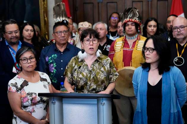 June 17, 2025, Ottawa, On, CANADA: NDP MP Leah Gazan stands with MPs Lori Idlout, left, Jenny Kwan and First Nations leaders, at a news conference against Bill C-5 in the Foyer of the House of Commons on Parliament Hill in Ottawa, on Tuesday, June 17, 2025. Ottawa CANADA - ZUMAc35_ 20250617_zaf_c35_206 Copyright: xJustinxTangx