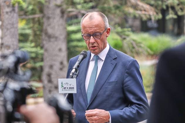 Kananaskis, Alberta, Canada, 17 06 2025 Mountain Lodge G7 Summit 2025 German Chancellor Friedrich Merz CDU gives a statement to journalists at the end of the meeting in which he describes the summit as a complete success Copyright: xdtsxNachrichtenagenturx dts_71247