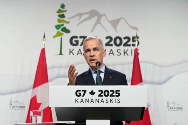 June 17, 2025, Kananaskis, Ab, Canada: Prime Minister Mark Carney is seen during the closing news conference at the G7 Summit in Kananaskis, Alta., Tuesday, June 17, 2025. Kananaskis Canada  - ZUMAc35_ 20250617_zaf_c35_268 Copyright: xAdrianxWyldx