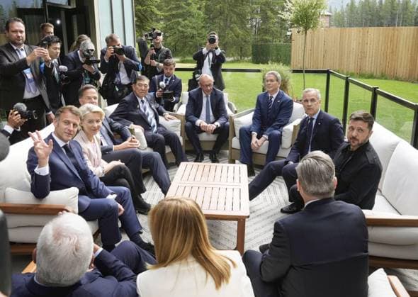 G7 summit in Canada (clockwise from bottom, C) Italian Prime Minister Giorgia Meloni (back shot), European Council President Antonio Costa (back shot), French President Emmanuel Macron, European Commission President Ursula von der Leyen, Secretary General of NATO Mark Rutte, Japanese Prime Minister Shigeru Ishiba, German Chancellor Friedrich Merz, U.S. Treasury Secretary Scott Bessent, Canadian Prime Minister Mark Carney, Ukrainian President Volodymyr Zelenskiy and British Prime Minister Keir Starmer are pictured during the Group of Seven summit in Kananaskis, Canada, on June 17, 2025. A14AA0004665484P