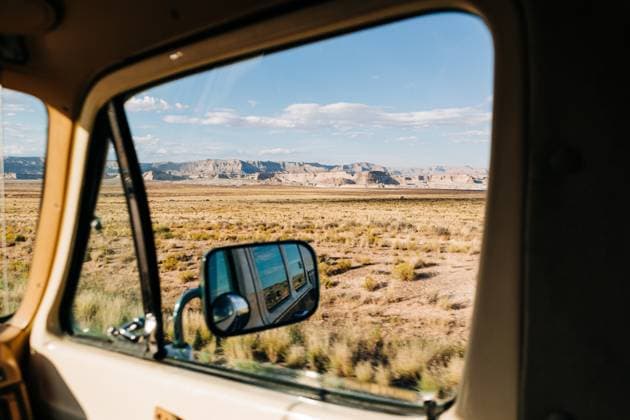 View from Vintage Camper Van of Grand Staircase near Highway 89 Big Water, Utah, United States R_XPQF250617-1761773-01