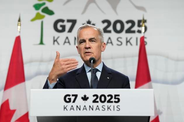 June 17, 2025, Kananaskis, Ab, Canada: p>Prime Minister Mark Carney is seen during the closing news conference at the G7 Summit in Kananaskis, Alta., Tuesday, June 17, 2025. Kananaskis Canada  - ZUMAc35_ 20250617_zaf_c35_341 Copyright: xAdrianxWyldx